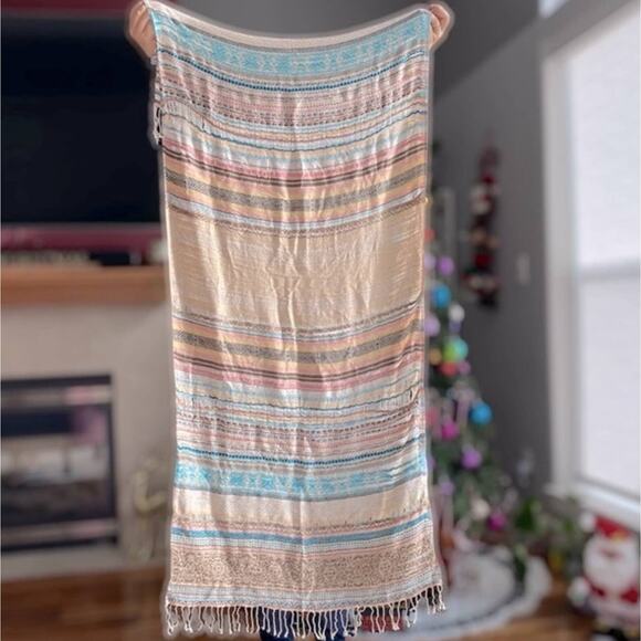 Bohemian Wrap Scarf Woven Striped Fringed Aztec Geometric Beige Blue Pink - Picture 14 of 14